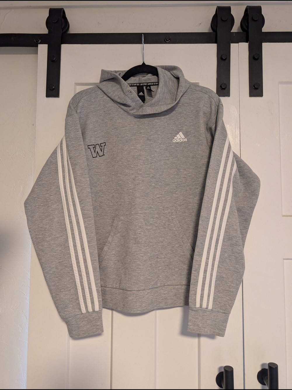 Adidas University Of Washington Gray Hoodie with White Sleeve Stripes